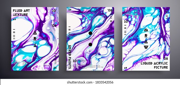 Abstract liquid poster, fluid art vector texture collection. Beautiful background that can be used for design cover, poster, brochure and etc. Purple, navy blue and white creative iridescent artwork.