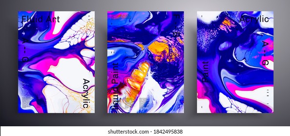 Abstract liquid poster, fluid art vector texture set. Trendy background that applicable for design cover, invitation, flyer and etc. Navy blue, yellow, pink and white creative iridescent artwork.