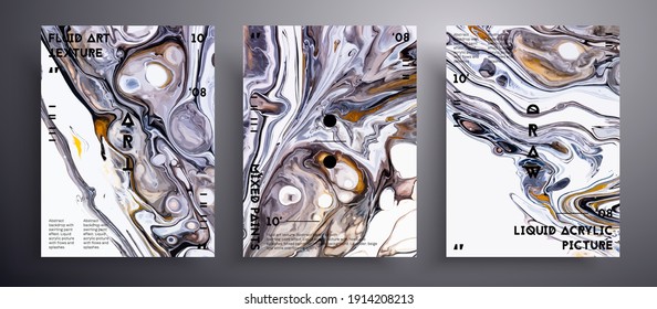 Abstract liquid poster, fluid art vector texture pack. Beautiful background that can be used for design cover, poster, brochure and etc. Golden, lavender and white unusual creative surface template.
