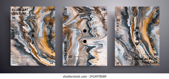 Abstract liquid poster, fluid art vector texture pack. Artistic background that applicable for design cover, poster, brochure and etc. Brown, golden and navy blue unusual creative surface template.