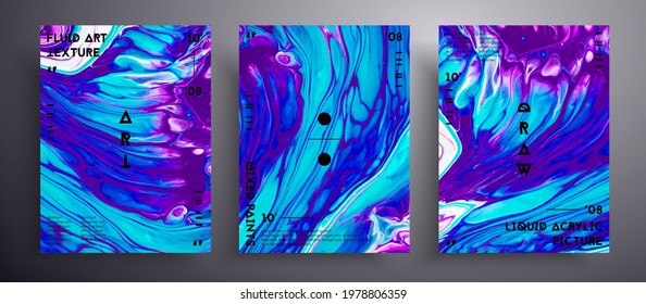Abstract liquid poster, fluid art vector texture pack. Beautiful background that applicable for design cover, poster, brochure and etc. Purple, navy blue and white universal trendy painting backdrop.