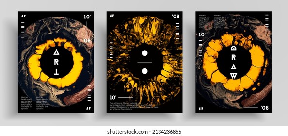 Abstract liquid poster, fluid art vector texture pack. Trendy background that applicable for design cover, invitation, presentation and etc. Black, yellow and brown unusual creative surface template.