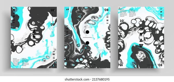 Abstract liquid poster, fluid art vector texture pack. Artistic background that applicable for design cover, poster, brochure and etc. Gray, aquamarine and white creative iridescent artwork.