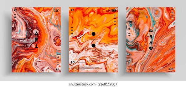 Abstraktes flüssiges Plakat, wasserfreie Vektorgrafik-Textur-Set. Künstlerischer Hintergrund, der für Design-Cover, Einladung, Flyer usw. geeignet ist. Orange, weiß und aquamarine universelle, trendige Malhintergründe.