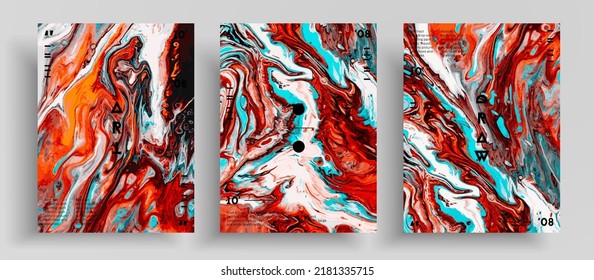 Abstract liquid poster, fluid art vector texture pack. Artistic background that can be used for design cover, invitation, presentation and etc. Orange, blue and white creative iridescent artwork.