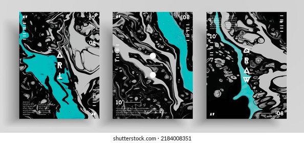 Abstract liquid poster, fluid art vector texture collection. Artistic background that applicable for design cover, poster, brochure and etc. Black, aquamarine and white creative iridescent artwork.