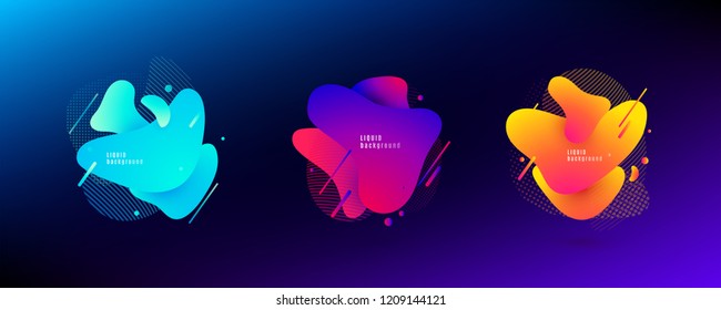 Abstract liquid shape. Fluid design. Light and bright gradient color waves with geometric lines, dots isolated on dark background. Vector illustration.