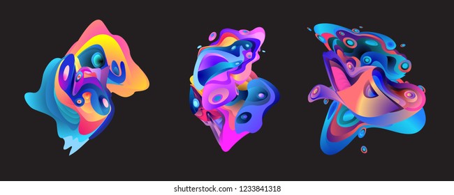 Abstract liquid shape. Fluid design. Isolated gradient waves with geometric lines, dots. Vector illustration.