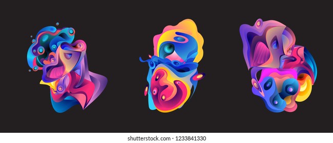 Abstract liquid shape. Fluid design. Isolated gradient waves with geometric lines, dots. Vector illustration.