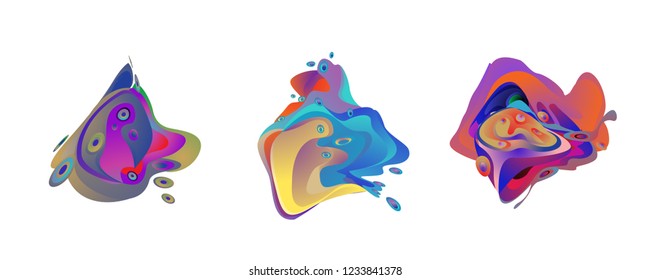 Abstract liquid shape. Fluid design. Isolated gradient waves with geometric lines, dots. Vector illustration.
