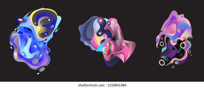 Abstract liquid shape. Fluid design. Isolated gradient waves with geometric lines, dots. Vector illustration.