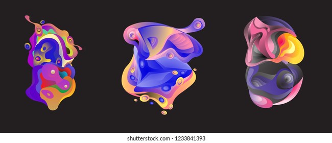 Abstract liquid shape. Fluid design. Isolated gradient waves with geometric lines, dots. Vector illustration.