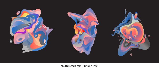 Abstract liquid shape. Fluid design. Isolated gradient waves with geometric lines, dots. Vector illustration.