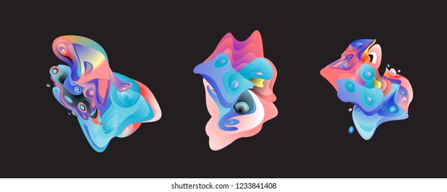 Abstract liquid shape. Fluid design. Isolated gradient waves with geometric lines, dots. Vector illustration.