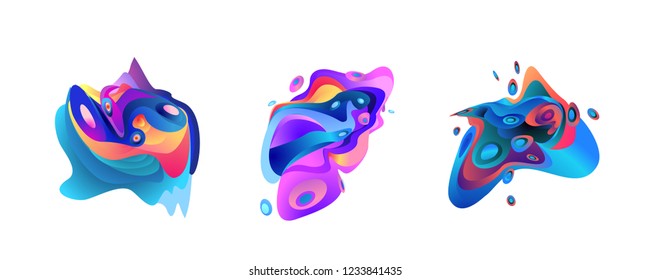 Abstract liquid shape. Fluid design. Isolated gradient waves with geometric lines, dots. Vector illustration.