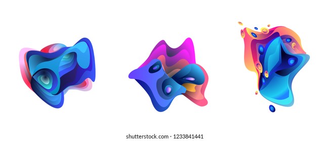 Abstract liquid shape. Fluid design. Isolated gradient waves with geometric lines, dots. Vector illustration.