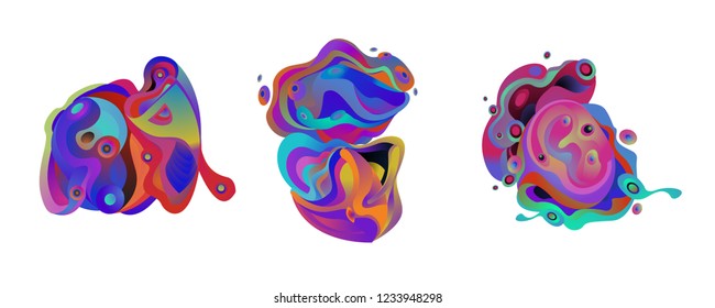 Abstract liquid shape. Fluid design. Isolated gradient waves with geometric lines, dots. Vector illustration.