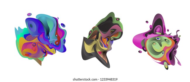Abstract liquid shape. Fluid design. Isolated gradient waves with geometric lines, dots. Vector illustration.