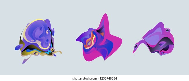 Abstract liquid shape. Fluid design. Isolated gradient waves with geometric lines, dots. Vector illustration.