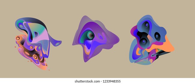 Abstract liquid shape. Fluid design. Isolated gradient waves with geometric lines, dots. Vector illustration.