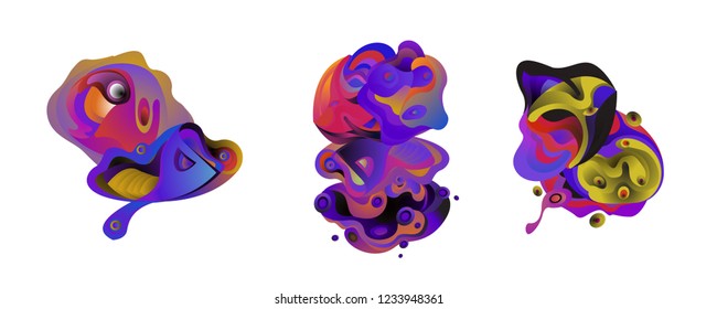 Abstract liquid shape. Fluid design. Isolated gradient waves with geometric lines, dots. Vector illustration.