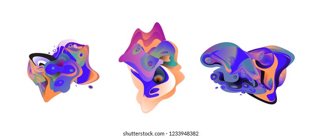 Abstract liquid shape. Fluid design. Isolated gradient waves with geometric lines, dots. Vector illustration.