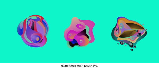 Abstract liquid shape. Fluid design. Isolated gradient waves with geometric lines, dots. Vector illustration.