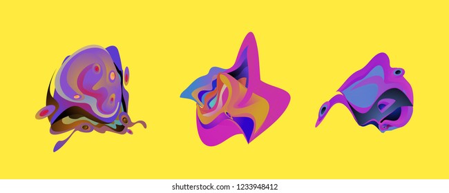 Abstract liquid shape. Fluid design. Isolated gradient waves with geometric lines, dots. Vector illustration.