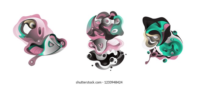 Abstract liquid shape. Fluid design. Isolated gradient waves with geometric lines, dots. Vector illustration.