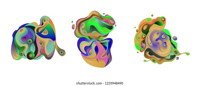 Abstract liquid shape. Fluid design. Isolated gradient waves with geometric lines, dots. Vector illustration.