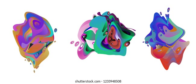 Abstract liquid shape. Fluid design. Isolated gradient waves with geometric lines, dots. Vector illustration.