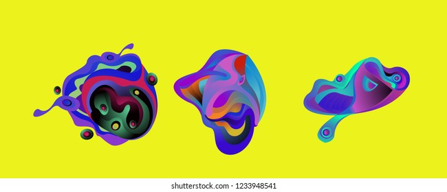 Abstract liquid shape. Fluid design. Isolated gradient waves with geometric lines, dots. Vector illustration.
