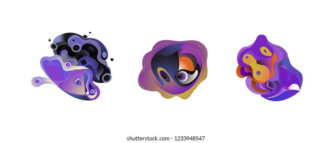 Abstract liquid shape. Fluid design. Isolated gradient waves with geometric lines, dots. Vector illustration.