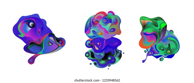 Abstract liquid shape. Fluid design. Isolated gradient waves with geometric lines, dots. Vector illustration.