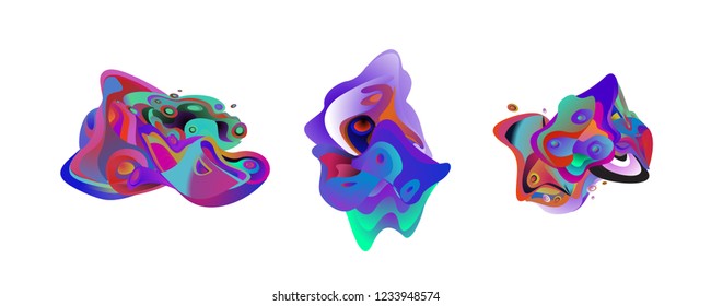 Abstract liquid shape. Fluid design. Isolated gradient waves with geometric lines, dots. Vector illustration.