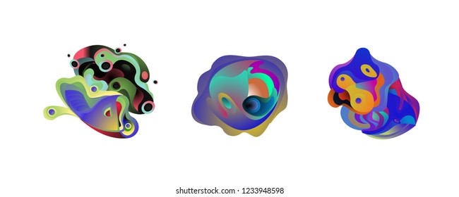 Abstract liquid shape. Fluid design. Isolated gradient waves with geometric lines, dots. Vector illustration.