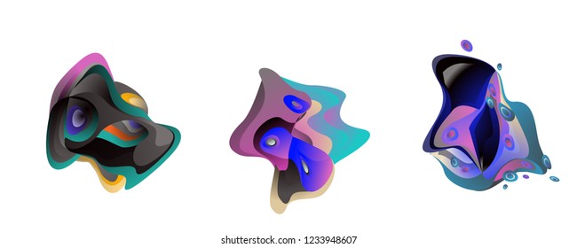 Abstract liquid shape. Fluid design. Isolated gradient waves with geometric lines, dots. Vector illustration.