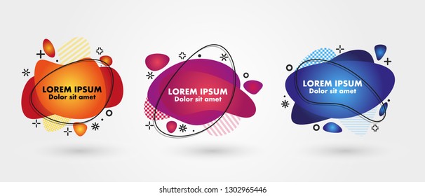 Abstract liquid shape. Fluid design. Isolated gradient waves with geometric lines, dots. Vector illustration.