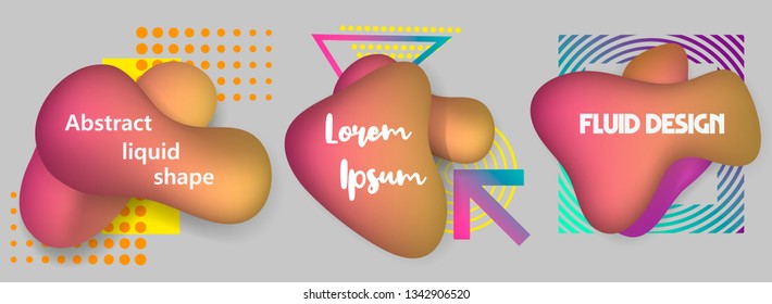 Abstract liquid shape. Fluid design. Isolated gradient waves with geometric lines, dots. Flat geometric liquid shapes with various colors. Vector illustration