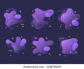 Abstract liquid shape. Fluid design. Isolated gradient waves with geometric lines, abstract shapes of purple color on dark background for your design. Vector illustration
