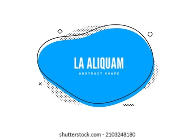 Abstrakte flüssige Form mit geometrischen Gestaltungselementen im Memphis-Stil. Bannerdesign, abstrakte Flüssigkeitsform mit Umriss. Blauer, kurviger abstrakter Blog oder Fleck für Web-Design und Typografie. Vektorgrafik