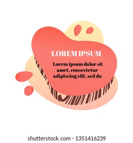 Abstract liquid shape with gradient, animal zebra texture, coral color (2019 trend), drops and lorem ipsum text. Design element for banners, flyers. Isolated, white background. Vector illustration.