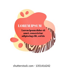 Abstract liquid shape with gradient, animal zebra texture, coral color (2019 trend), drops and lorem ipsum text. Design element for banners, flyers. Isolated, white background. Vector illustration.