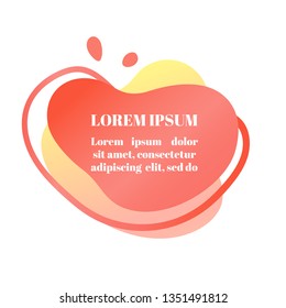 Abstract liquid shape with gradient, coral color (2019 trend) and drops. Useful as a design element for web banners, flyers. Isolated, white background, with lorem ipsum text. Vector illustration.
