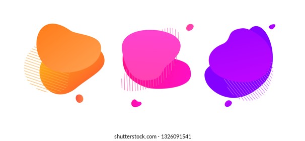 Abstract liquid shape mini set, bright colourful halftone fluid elements, vector futuristic neon splashes.