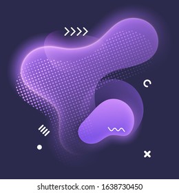 Abstract liquid shape with neon light effects. Fluid design. Isolated gradient wave with geometric lines, abstract shapes of purple color on dark background. Template for your design. Vector illustrat