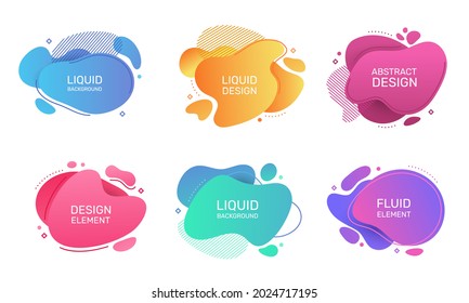 Abstract liquid shape, organic fluid blobs banner. Modern gradient graphic elements with geometric shapes. Colorful bubbles design vector set. Dynamic wavy or curvy forms with stripes