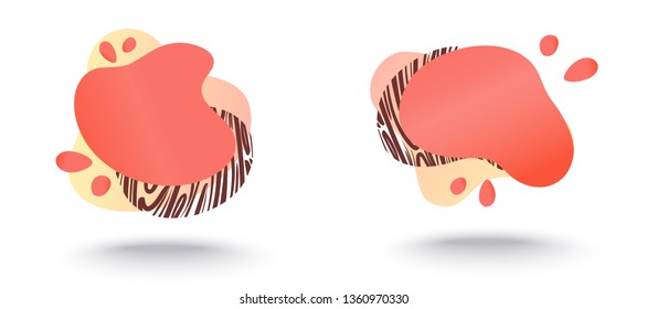 Abstract liquid shape set with gradient, zebra print texture, coral color (2019 trend). Design element for banners, flyers. Isolated, white background, with place for your text. Vector illustration.