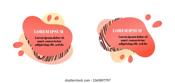 Abstract liquid shape set with gradient, zebra print texture. Design element for banners, flyers. Isolated, white background, with place for your text. Vector illustration.