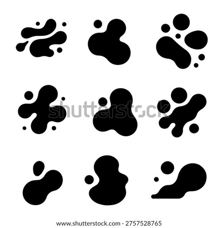 Abstract liquid shapes, black organic blobs set. Fluid splash elements, modern design vector collection.